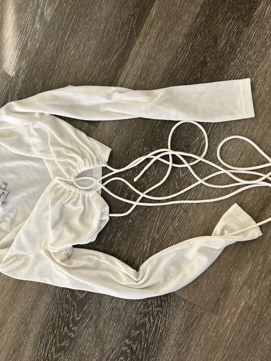 Princess Polly White Long Sleeve Wrap Crop Top with Crisscross Ties - Picture 2 of 4